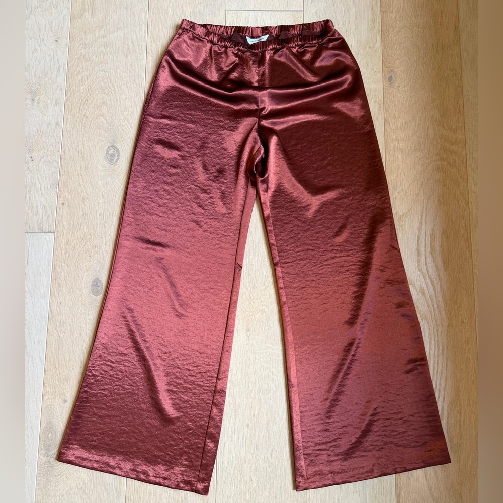 Amanda Uprichard Mariko Satin Wide Leg Pants Copper Pull On Medium NWOT - Picture 4 of 5